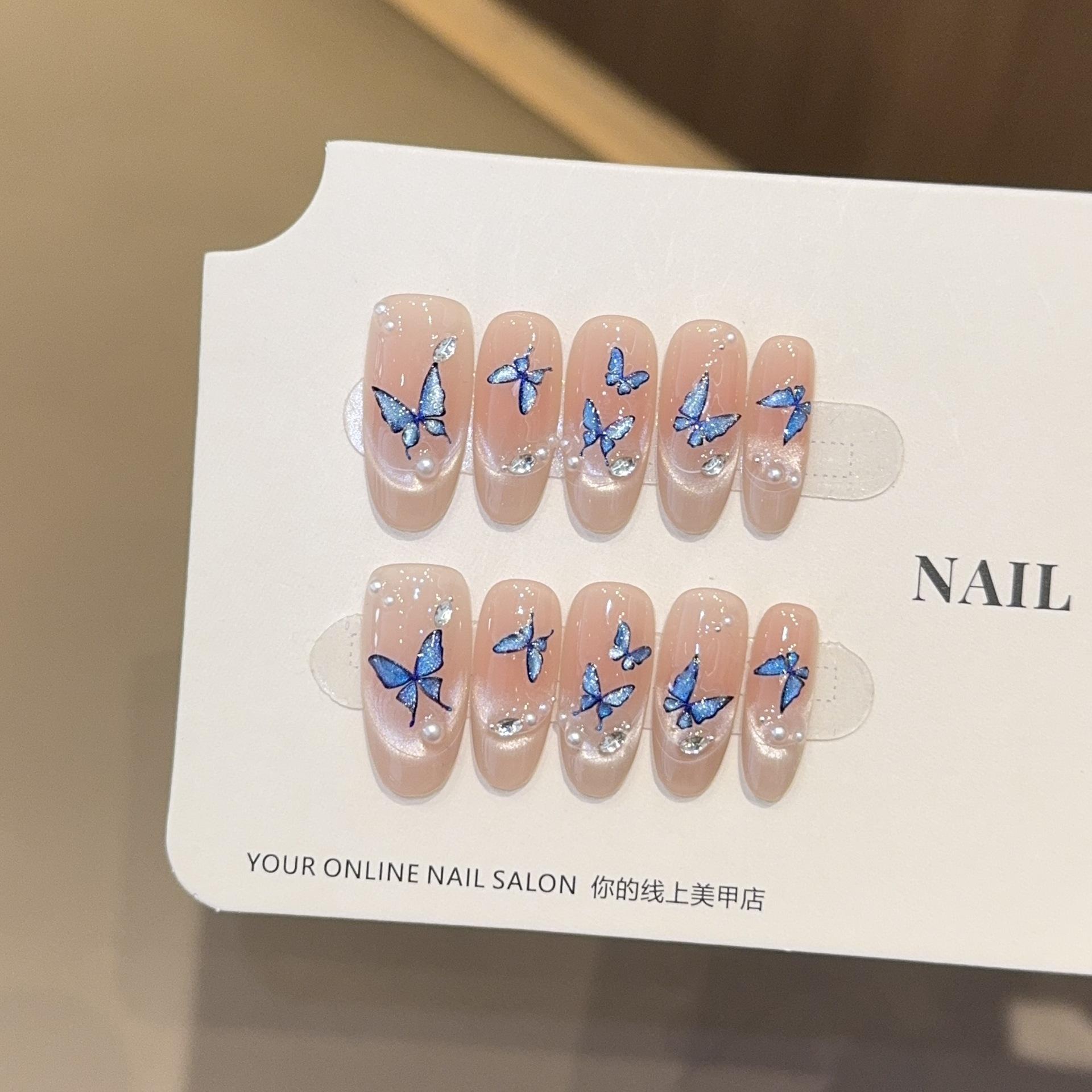 【蝴蝶谷】氛围感追光猫眼纯手工穿戴甲纯欲温柔蝴蝶贴片假指甲·