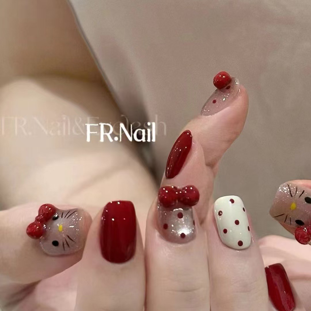 Kitty甜心红色蝴蝶结猫眼波点纯手工穿戴甲短款卡通美甲
