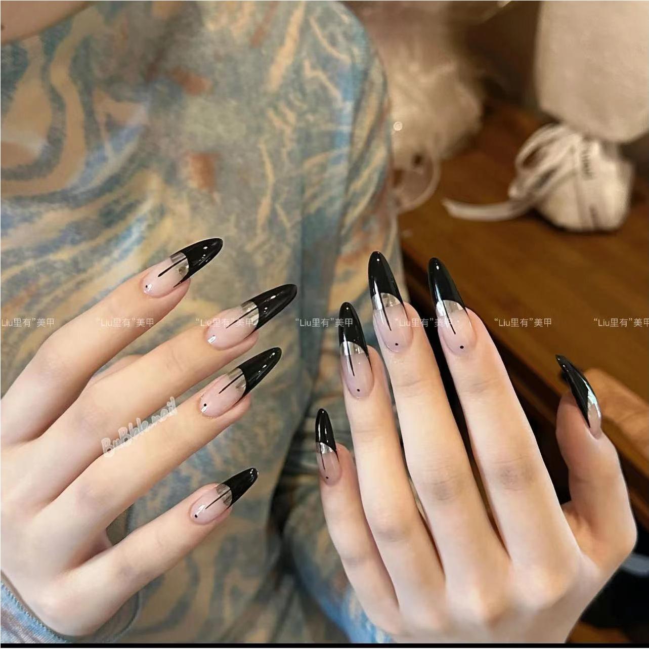 欧美辣妹黑色法式线条手工美甲穿戴甲小众高级清冷感美甲可拆卸