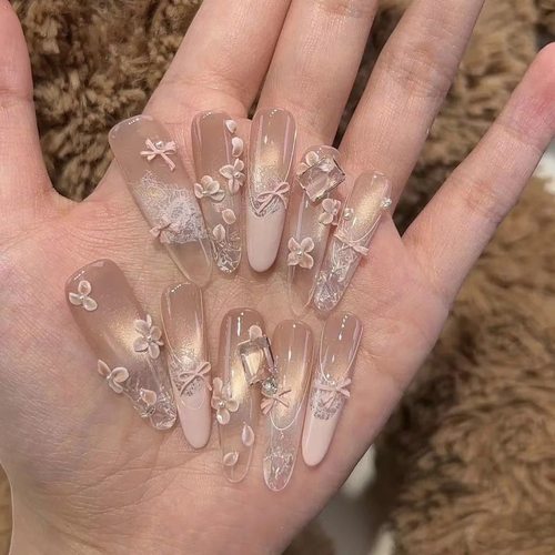 纯手工猫眼光五瓣花美甲贴纸简约纯欲显白裸色2026仙女爆款