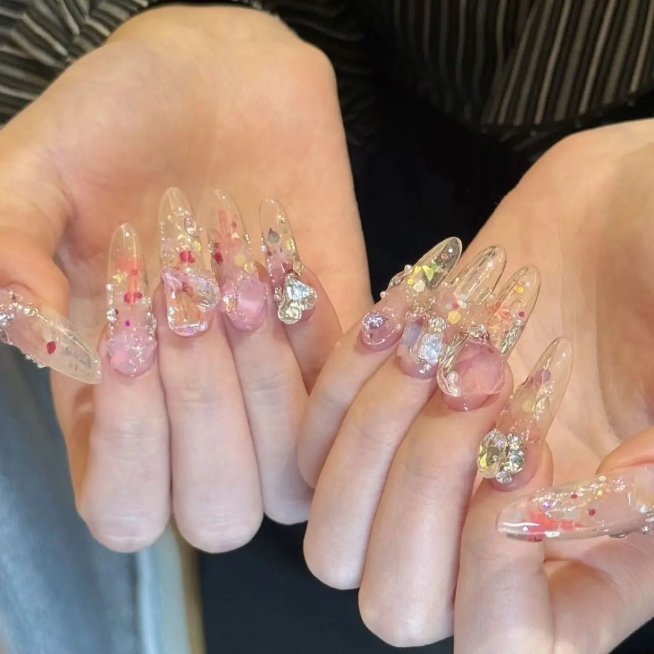 纯手工美甲穿戴甲夏日冰透透粉爆闪亮片美甲指甲贴显白可拆卸爆款
