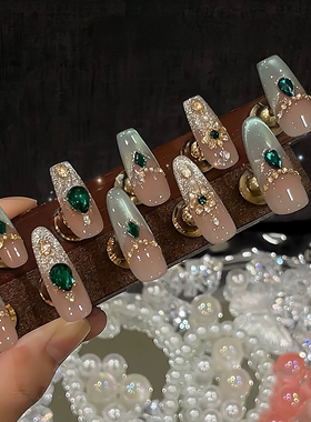 「祖母绿」纯手工穿戴甲夏日中长款猫眼轻奢复古气质显白美甲贴片