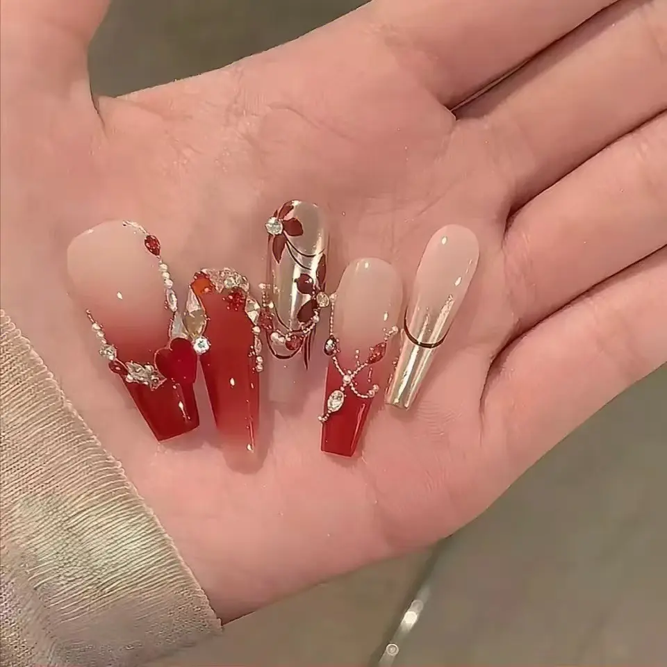 纯手工穿戴甲高级感渐变红色镶钻奢华魔镜粉纯欲穿戴甲婚甲新娘甲