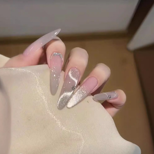 粉色 仙气丝带猫眼显白气质小红书爆款 纯手工穿戴美甲2025新款 爆款