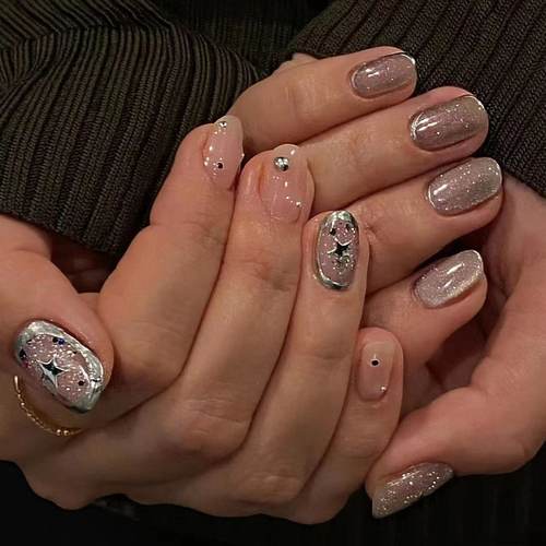 星星魔镜粉高级灰手工穿戴甲甜酷风短甲假指甲婚甲美甲贴片学生