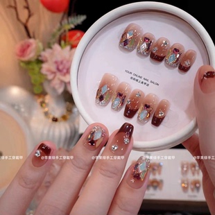 手工穿戴甲片美拉德钻光疗美甲高级显白穿戴甲纯手作 糖果派对