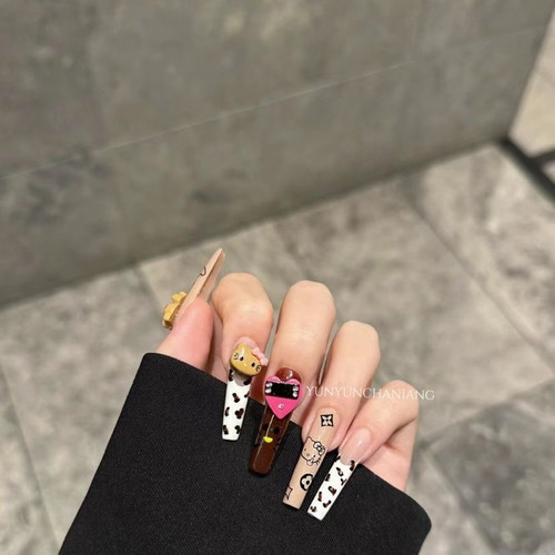 【纯手工定制】款爆火超辣kitty猫美甲豹纹黑粉爱心穿戴甲