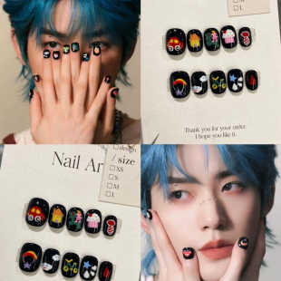 邓为同款 手绘ins可爱春夏天高级感男生纯手工美甲 黑色穿戴甲短款
