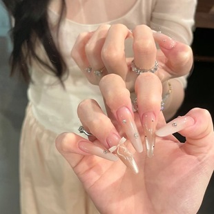 纯手工美甲穿戴甲水光乳白丝带蝴蝶结猫眼美甲高级气质显白温柔