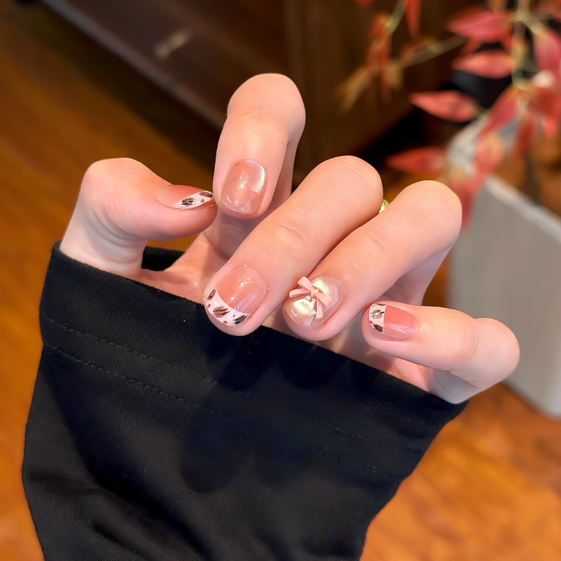 ins风纯手工穿戴甲蝴蝶结法式豹纹猫眼假指甲贴片纯手作美甲