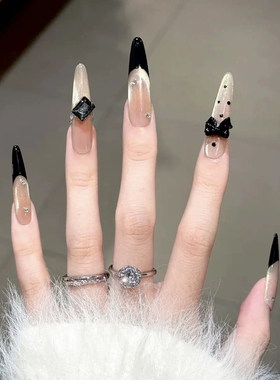 【暗黑法式】新款甜酷黑法蝴蝶结贴钻爆闪香槟金猫眼贵气穿戴甲片