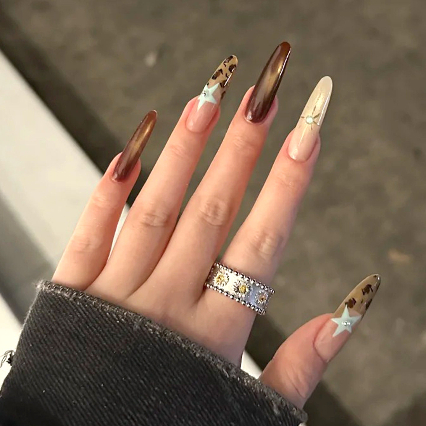 纯手工穿戴甲秋冬豹纹星星法式猫眼 长美甲贴片可拆卸假指甲 - 封面