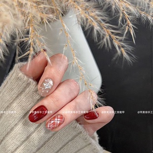 酒红甜格小香风格 纹爆闪猫眼新年气质ins日常手工穿戴美甲