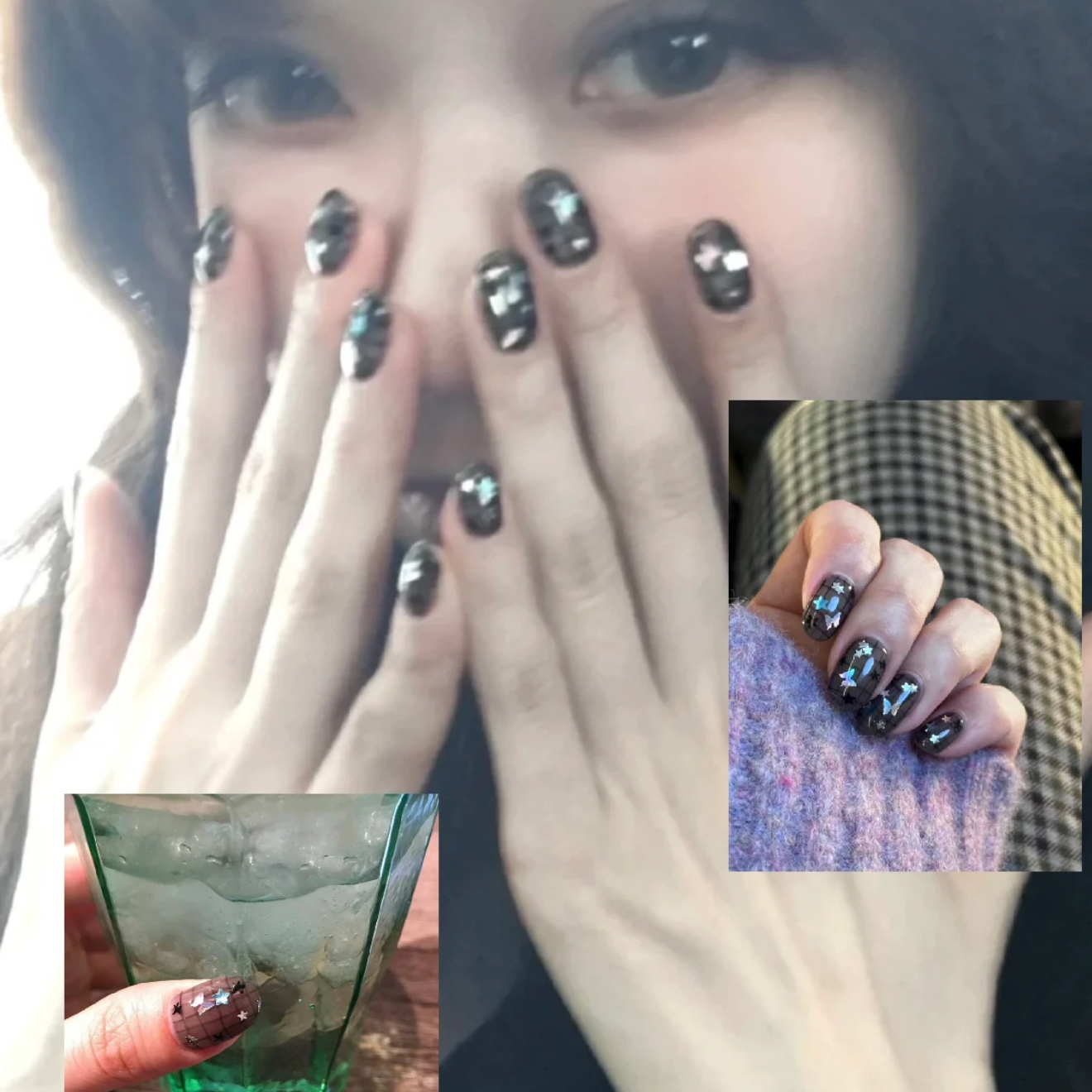 手工穿戴甲透黑色格纹蝴蝶亮片甜酷辣妹ins风可拆卸重复使用美甲