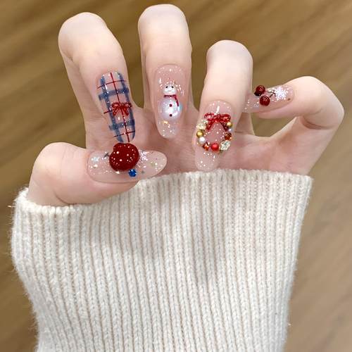 【平安果】圣诞节款小雪人ins风纯手工穿戴甲短款美甲贴片假指甲