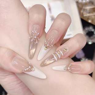 金色猫眼高级纯手作美甲10装 纯手工穿戴甲圣诞款 鎏金圣诞