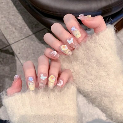 纯手工美甲穿戴甲片假指甲贴奶fufu多巴胺摩卡钻星月美甲贴片