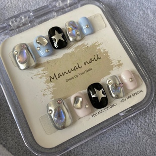 纯手工制作鸳鸯穿戴甲千禧辣妹蓝粉跳色闪钻银色魔镜粉可爱小短甲