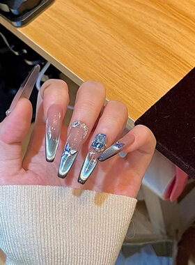 【海棠】k9钻蓝色猫眼ins风纯手工穿戴甲高级感显白美甲贴片指甲