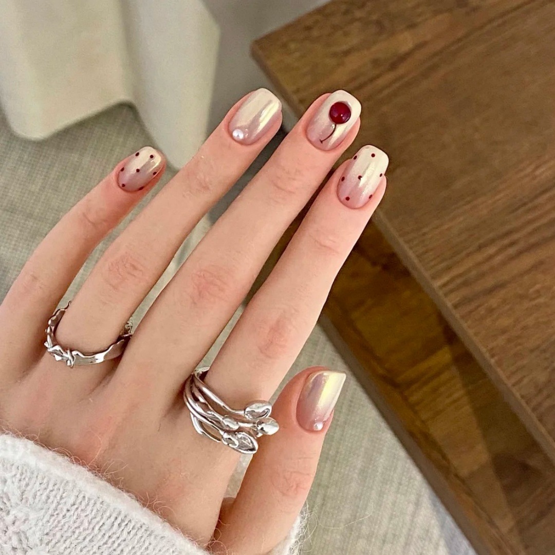 纯手工穿戴甲甜美温柔显白爆闪魔镜粉高级感粉调波点立体樱桃美甲