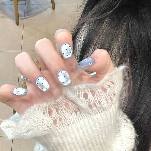 蓝波点丨纯手工穿戴甲短款蓝色玻璃珠清透猫眼高级感显白夏日美甲