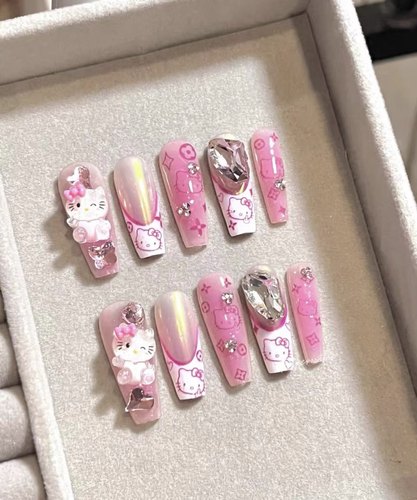 欧美辣妹腮红kitty水钻k9钻手工定制穿戴甲美甲成品假指甲贴甲片