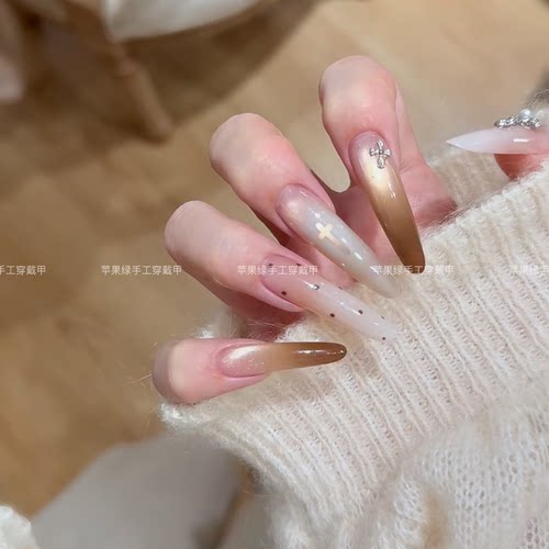 纯手工穿戴甲波点十字架猫眼渐变气质百搭ins显白纯欲氛围感美甲