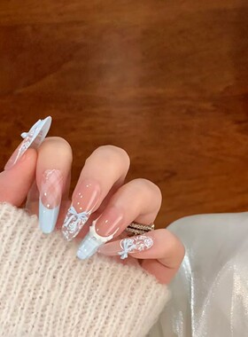 纯手工穿戴甲夏季奶蓝少女蕾丝蝴蝶法式碎花玫瑰显白成品美甲贴片