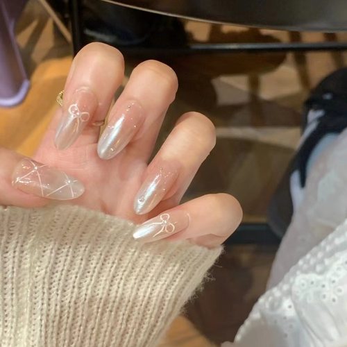 纯手工穿戴甲发极光渐变穿戴甲成品蝴蝶结Jennie同款温柔裸色