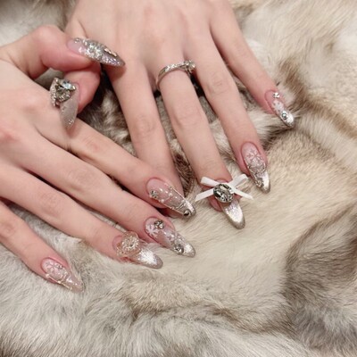 纯手工美甲穿戴甲片假指甲贴秋冬冰雪圣诞雪花猫眼美甲贴片长款