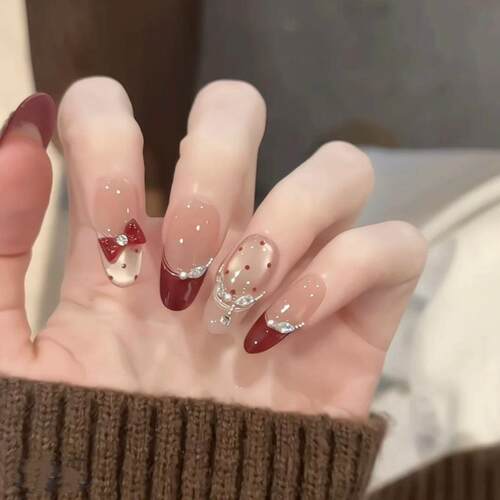 【甜心泡泡糖】纯手工穿戴甲酒红法式蝴蝶结新年高级感纯手作美甲