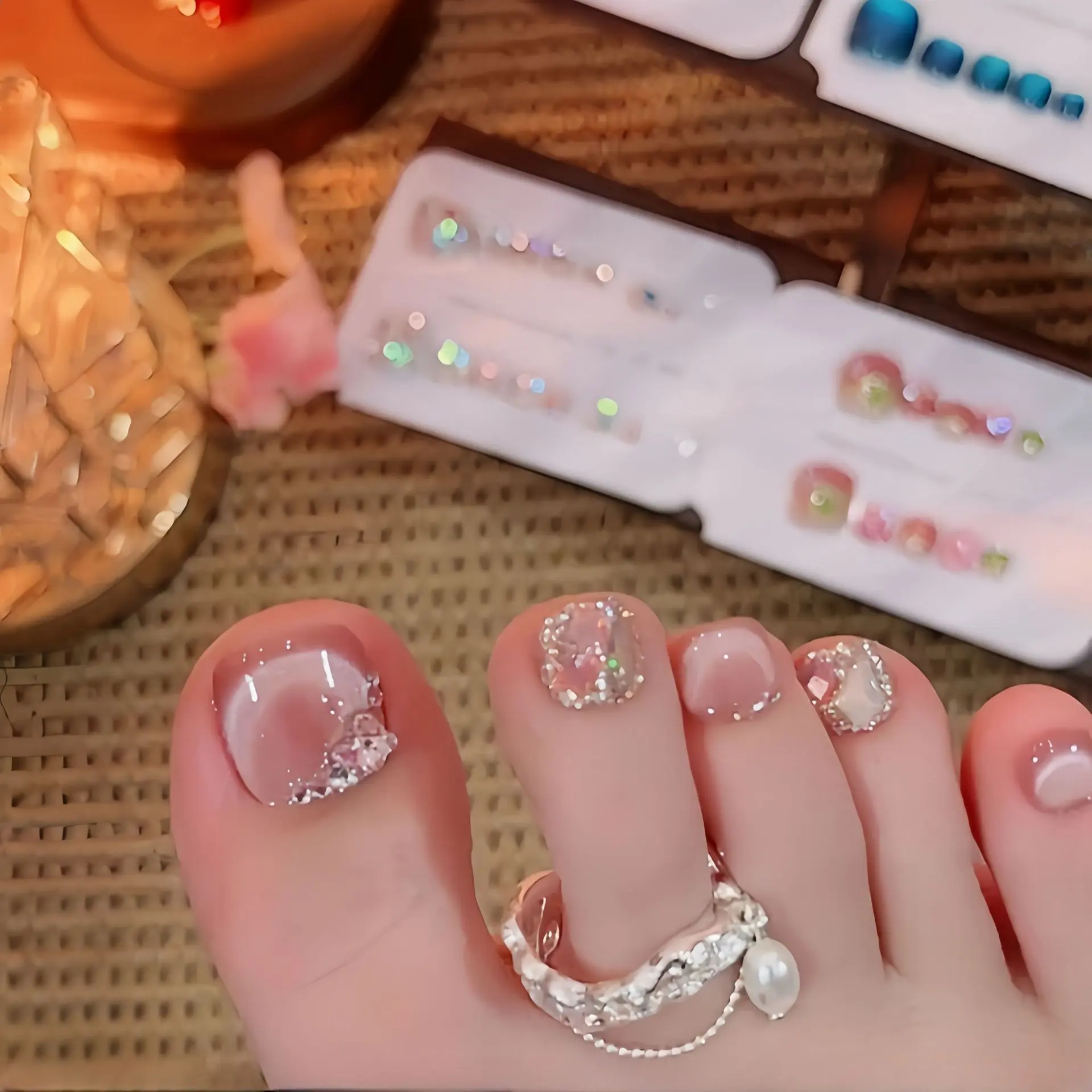14片装纯手工穿戴甲脚美甲猫眼脚趾指甲2025新款网红流行显白爆闪