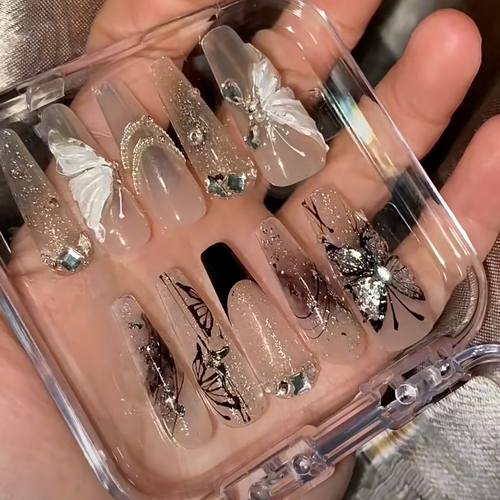 清透温柔白月光气质纯欲风手绘立体蝴蝶长款纯手工穿戴甲拆卸