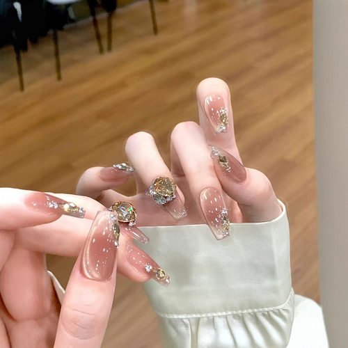 手工穿戴甲冰透裸色香槟爆闪堆钻猫眼甲片高级感轻奢重工美甲贴片