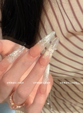 【青雾蝶语】夏日仙气甲片冰岛湖蓝晶石猫眼渐变蝴蝶纯手工穿戴甲