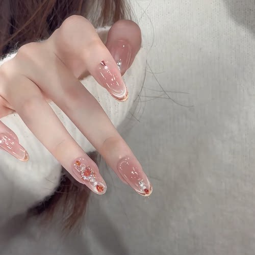 橙｜纯手工穿戴甲指尖法式微笑猫眼锆石钻爆闪秋冬纯欲美甲