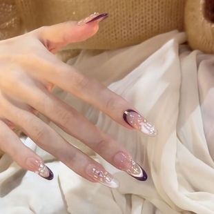 猫眼爆闪设计感重工气质奢华紫穿戴甲 纯手工高级锆石法式 紫韵