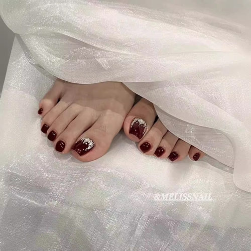 纯手工穿戴甲脚趾甲红色钻石美甲C008