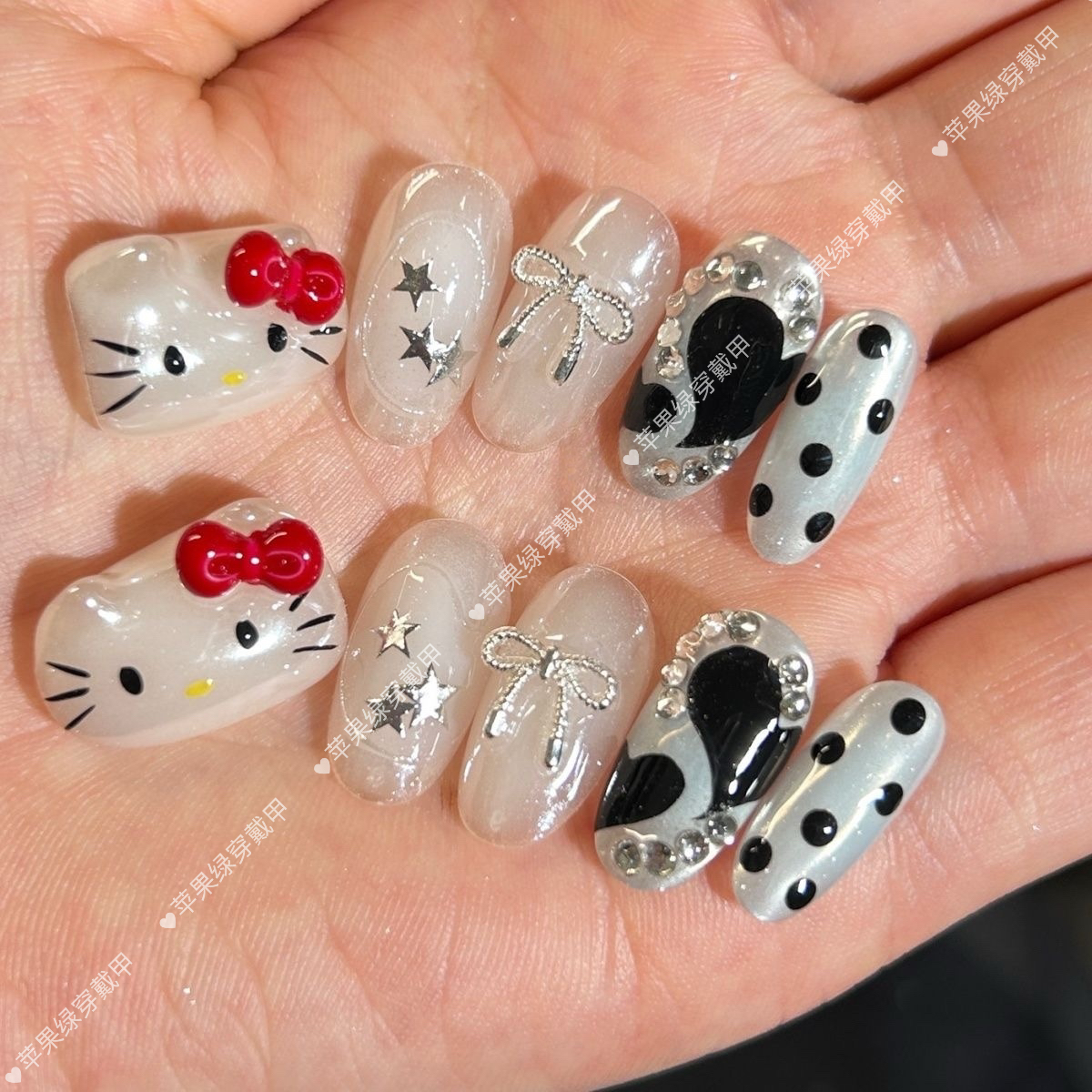 【 心动KT猫】纯手工穿戴甲可爱猫咪美甲多元素手绘爱心日常短款