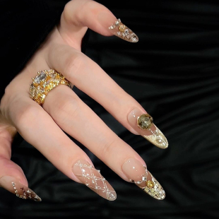 秋冬新款 香颂 小香菱形格猫眼秋冬高级气质纯手工穿戴甲 法式