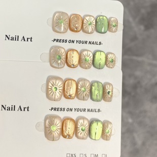 太阳神2025爆款 美甲手绘文理感绿宝石猫眼美甲显白轻奢手工穿戴甲