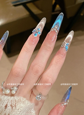 【海蝶冰花】清冷感蓝色琉璃冰花微笑猫眼轻奢高级显白手工穿戴甲