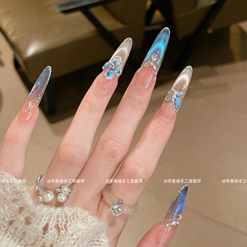 【海蝶冰花】清冷感蓝色琉璃冰花微笑猫眼轻奢高级显白手工穿戴甲