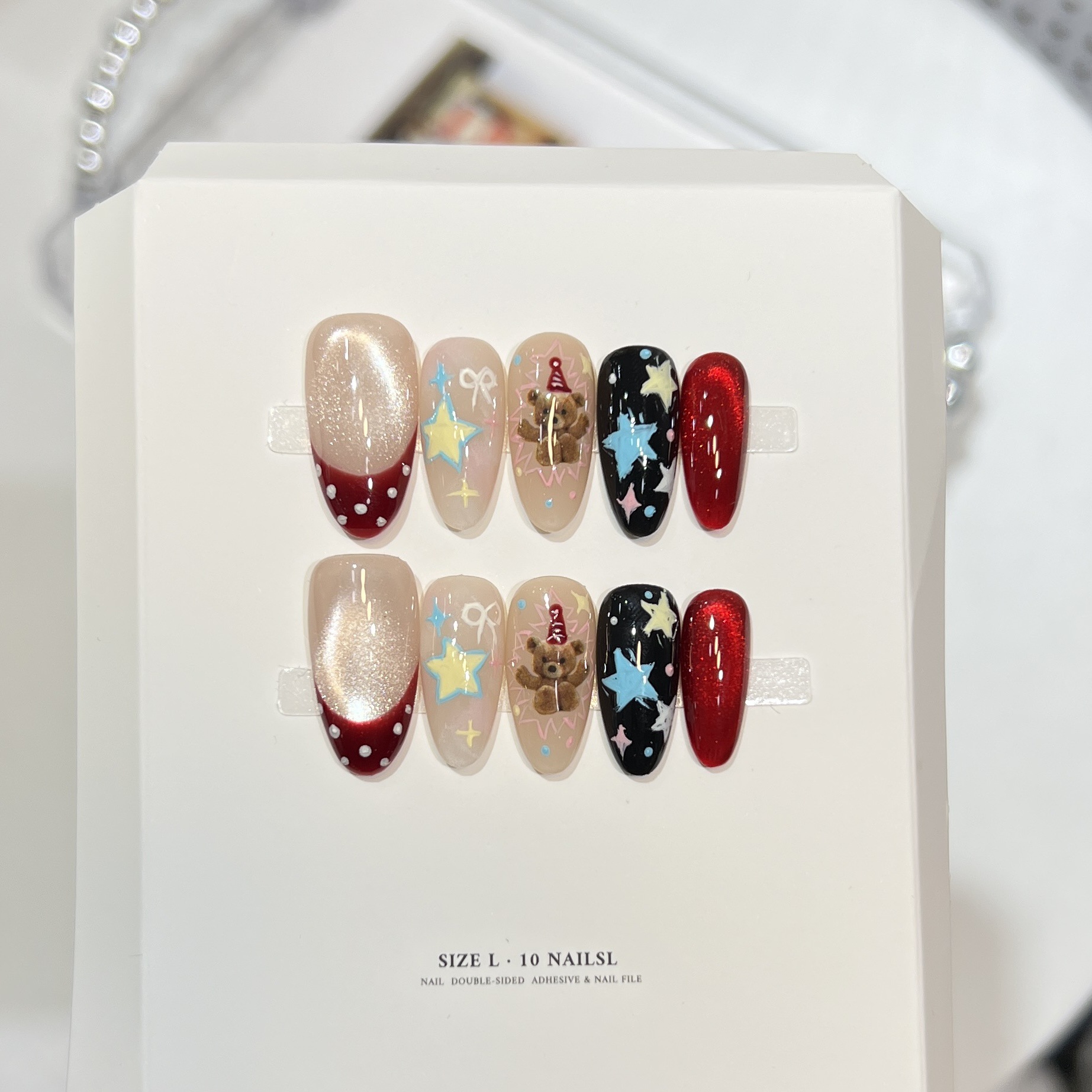 【小熊流星】原创秋冬可爱手绘星穿戴甲手工甲片裸色猫眼法式美甲