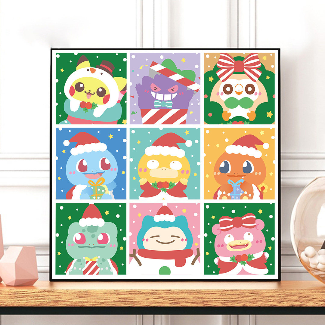 可达鸭宝可梦全家福数字油画diy填充手绘卡通丙烯减压装饰画简单