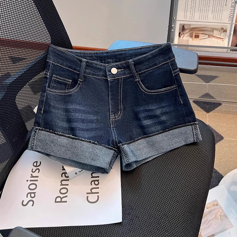 美式辣妹深蓝色牛仔短裤女夏季薄款2025新款低腰卷边a字超短热裤