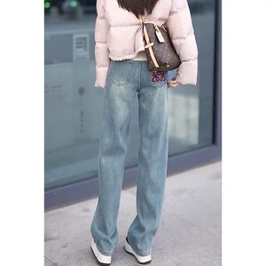 直筒牛仔裤子女春季2025年新款小个子拖地裤大码弹力窄版阔腿长裤