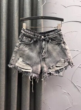 烟灰色破洞牛仔短裤女个性夏天时尚宽松休闲A字毛边高腰阔腿热裤