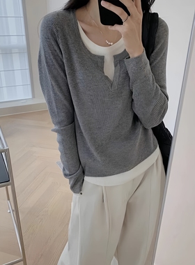 灰色假两件长袖T恤女春秋不规则拼接修身显瘦内搭针织打底衫上衣