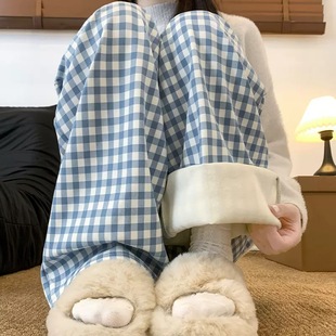 加绒格子休闲裤女2025年新款时尚潮流秋冬新款韩系显瘦直筒阔腿裤